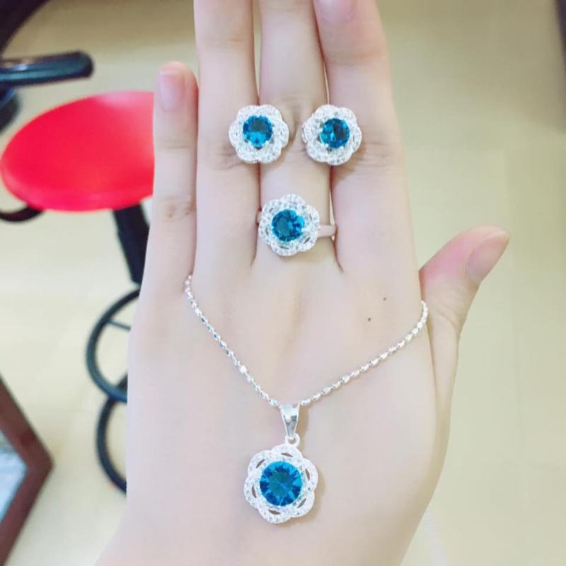 Bộ Trang Sức Bạc Nữ Hoa Anh Thảo Xanh Dương Cao Cấp BẢO TÍN
