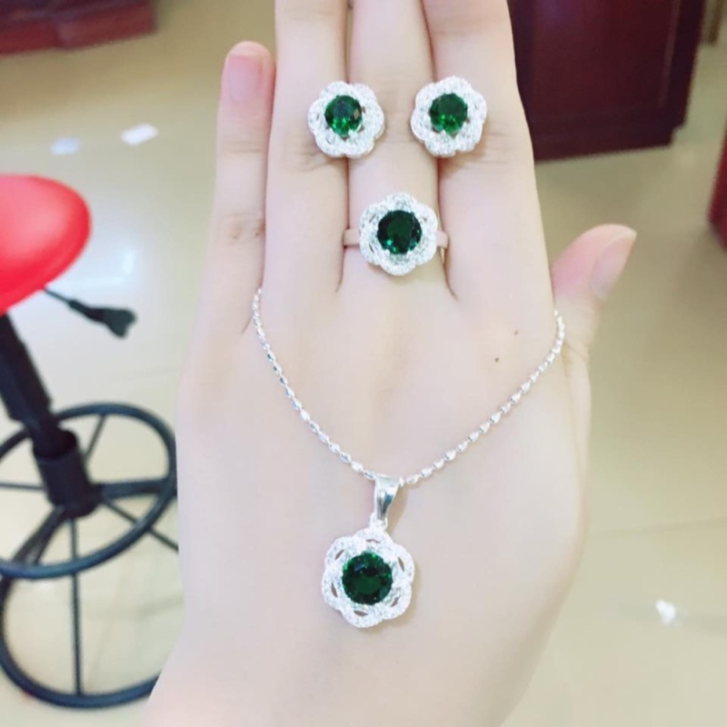 Bộ Trang Sức Bạc Nữ Hoa Anh Thảo Xanh Lá Cao Cấp BẢO TÍN