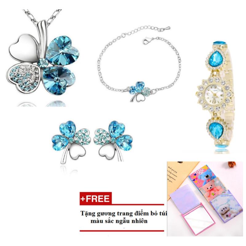 Bộ trang sức cỏ 4 lá may mắn đồng hồ thời trang smr09 + Tặng kèm gương bỏ túi