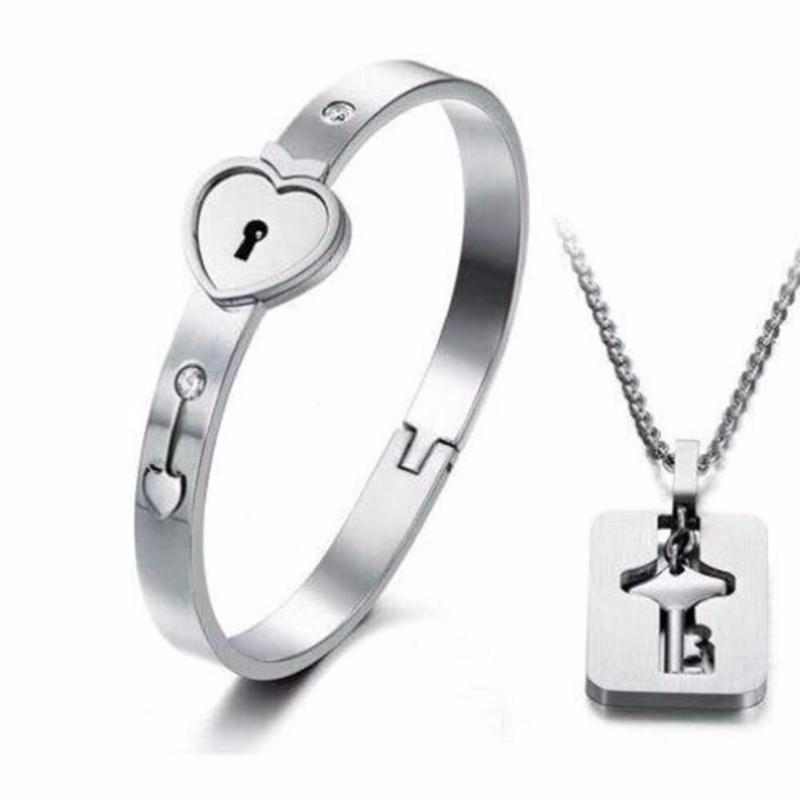 Bộ Vòng tay ổ khóa - Dây chuyền chìa khóa Titan ( Trắng )