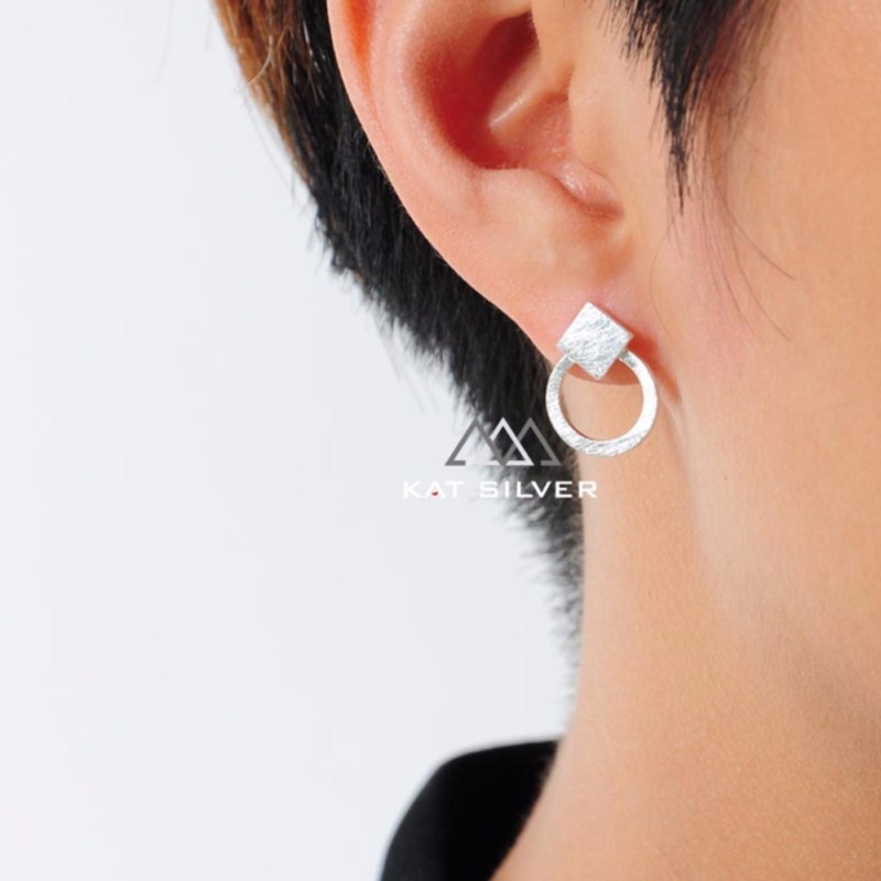 Bông tai bạc 925 KAT Silver khuyên tròn - tam giác nhám KRSES110-61