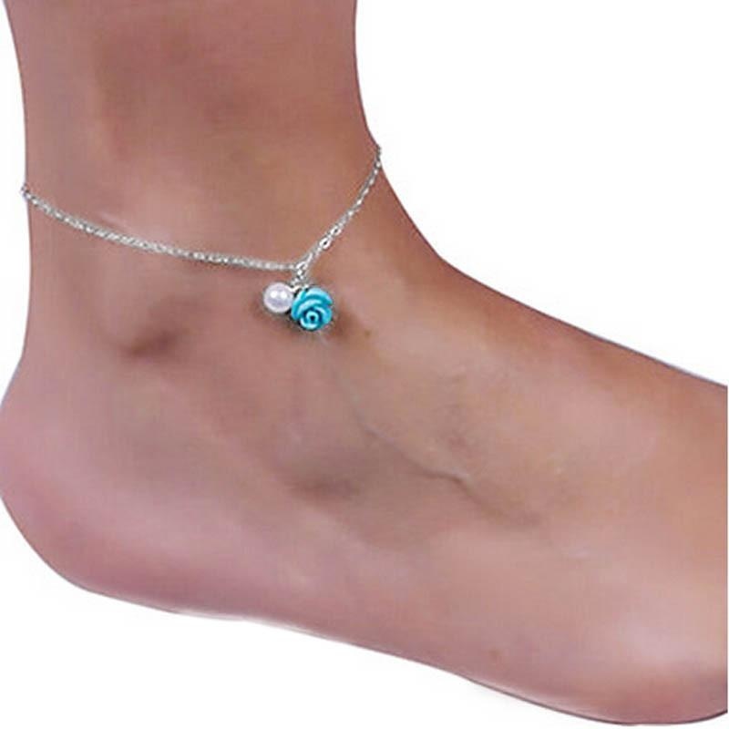 Classic Blue Rose Imitation Pearl Foot Jewelry Anklet Chain Bracelet SR - intl