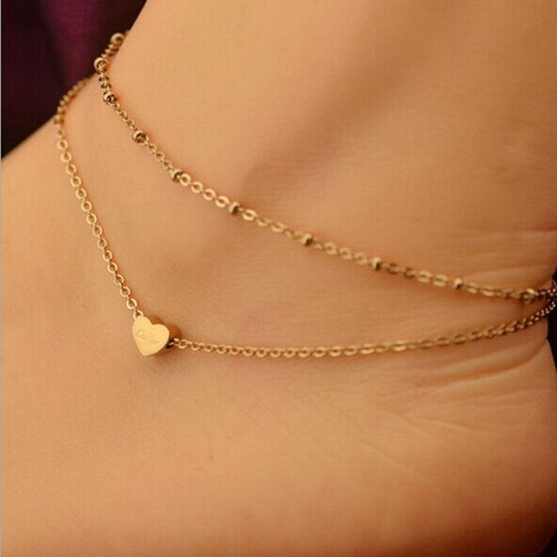 Elegant Double Chain Heart Bead Anklet Ankle Bracelet Beach Foot Jewelry - intl