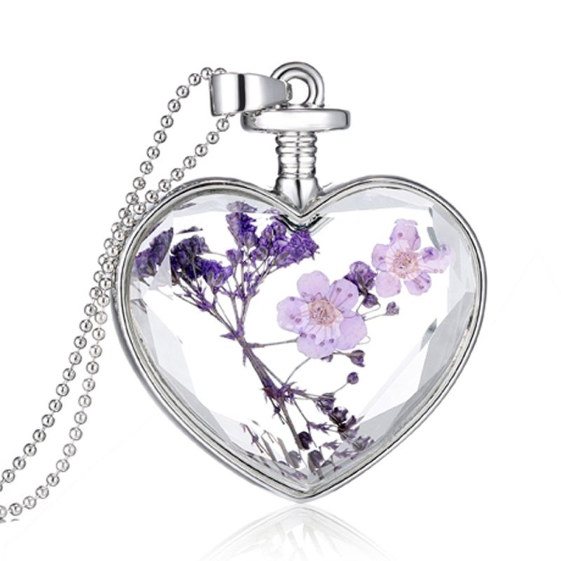 Fashion Heart Glass Floating Locket Dried Flower Silver Chain Necklace Gift - Intl