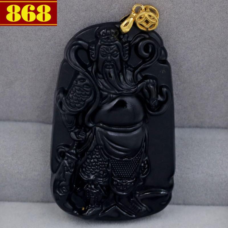 Mặt tượng Quan công đá thạch anh đen QC14 + móc mạ vàng