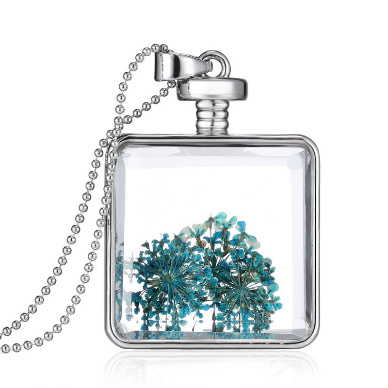 Silver Blue Dried Flower Plant Specimen Square Locket Necklace Jewelry Charm - Intl