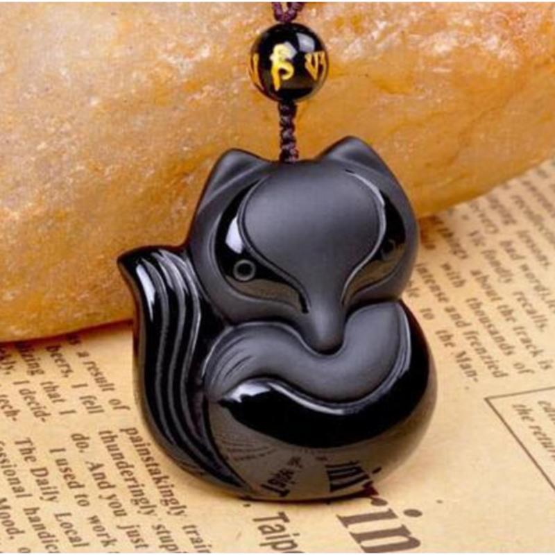 Vòng cổ Hồ ly đá Obsidian đen