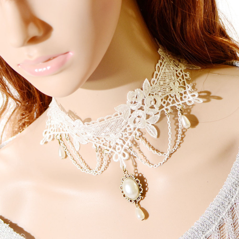 Water Drop Lace Hollow Imitation Pearl Collar Necklace Wedding Jewelry - Intl