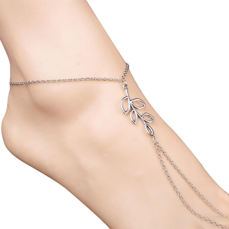 Women Beach Barefoot Sandal Foot Tribal Simple Leaves Anklet Chain - intl