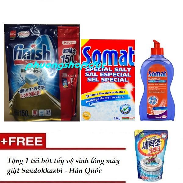 Combo Viên rửa chén bát ly finish 150 viên nhật + muối somat 1,2kg + bóng somat 500ml (tđ somat alio tặng tẩy lồng máy giặt)