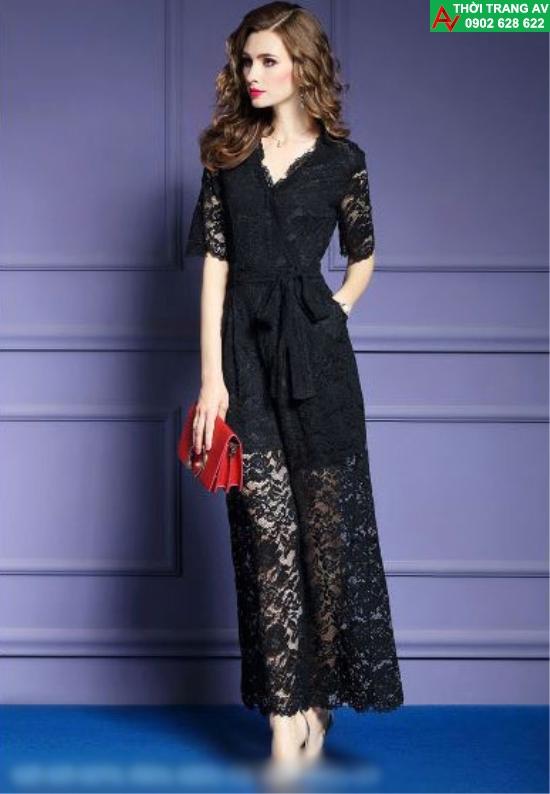 Jumpsuit - Đồ bay dài tay lỡ cổ tim phối ren thắt nơ eo sang trọng - AV5966