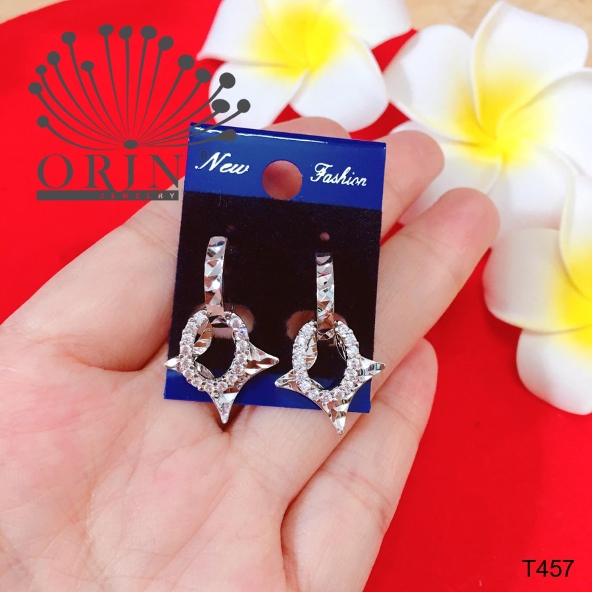 Bông tai tòn ten ngắn thoi tròn đính đá bền màu thiết kế cao cấp Orin T457 - Long Tien
