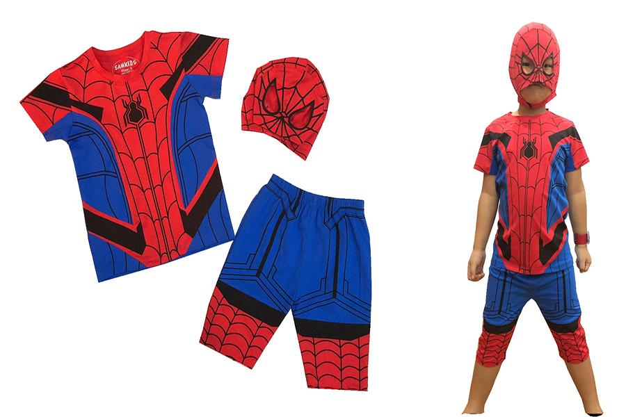 BỘ QUẦN ÁO  BÉ TRAI IN HÌNH SIÊU NHÂN NHỆN LỬNG (KÈM MẶT NẠ xanh-đỏ)