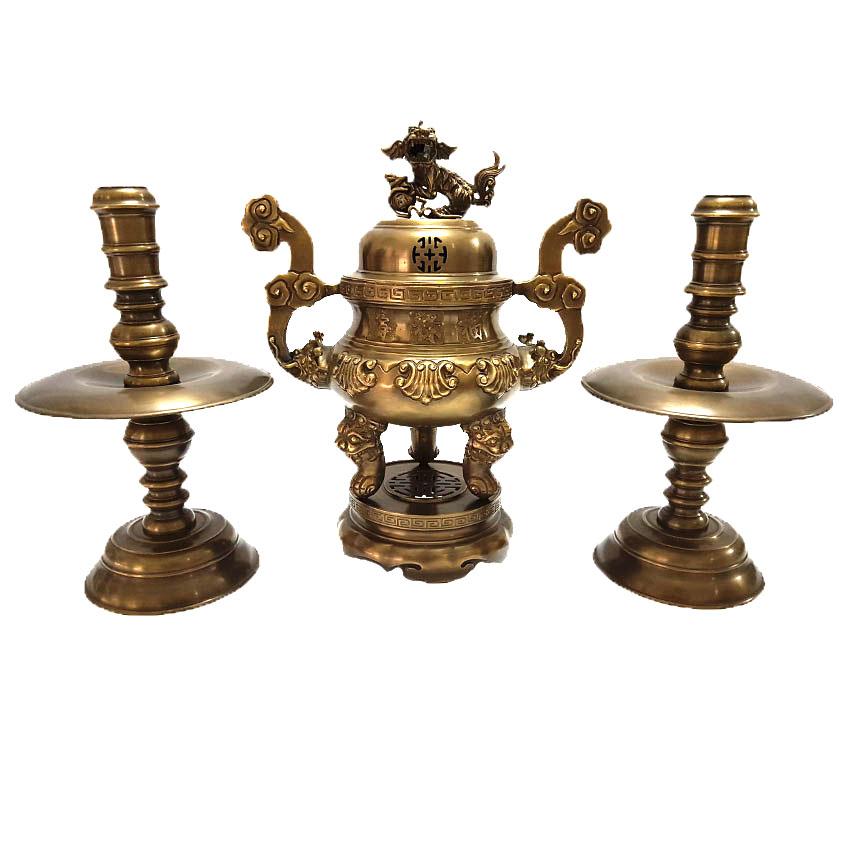 Đồ thờ Tam sự kiểu hoa sòi cao 55 cm màu đồng cổ