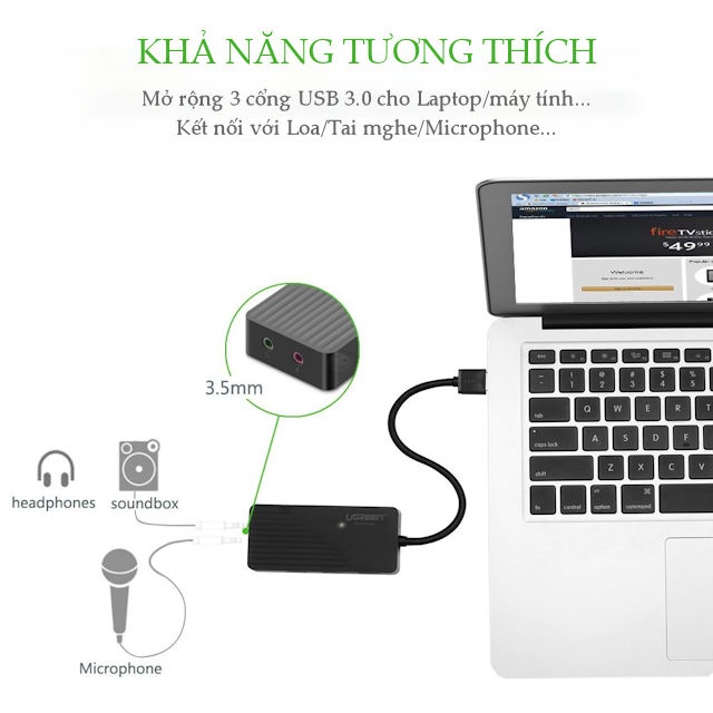 Hub USB 3 cổng 3.0 kèm 2 đầu mic và tai nghe cho âm thanh ngoài UGREEN CR134 Hub USB 3 cổng 3.0 kèm 2 đầu mic và tai nghe cho âm thanh ngoài UGREEN CR134