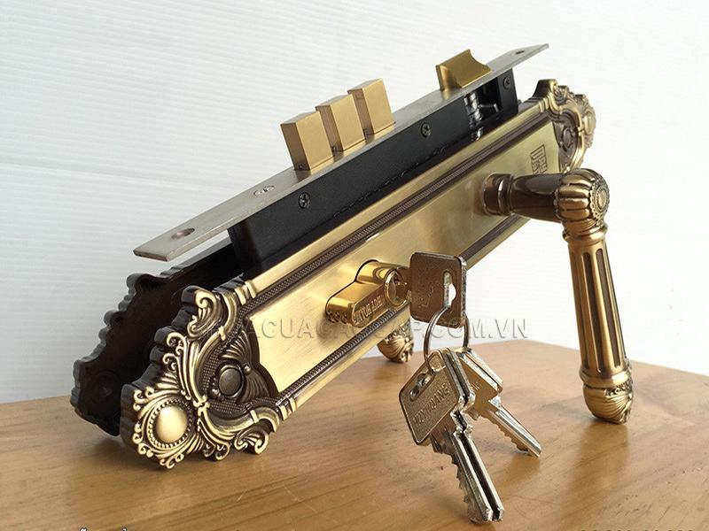 Khoá tay nắm đồng thau Huy Hoàng HCR 8526 - Thích hợp sử dụng cho cửa gỗ cao cấp lớn, 2 cánh