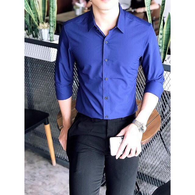 Áo sơ mi nam Xanh Dương chất liệu mát, không nhàu, dáng ôm hàn quốc
