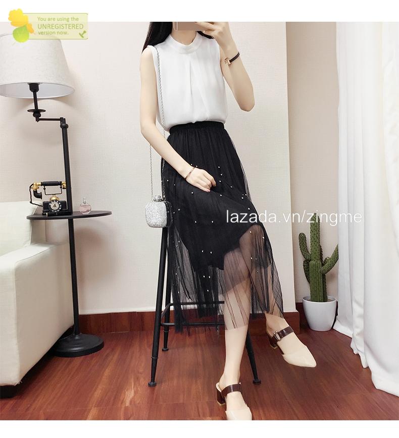 Chân váy lưới dài đính ngọc trai MT153