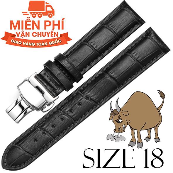 Dây đồng hồ da bò cao cấp SIZE 18mm (đen) kèm khóa bướm thép không gỉ 316L (bạc)