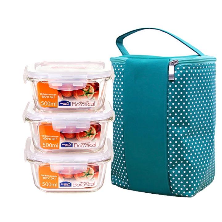 [HCM]Bộ 3 thố thủy tinh Lock&Lock 500ml tặng túi giữ nhiệt màu