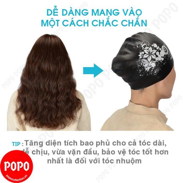 Mũ bơi nữ nón bơi nữ trùm được tóc dài ôm trọn búi tóc POPO CA35 chất liệu silicone chống vào nước