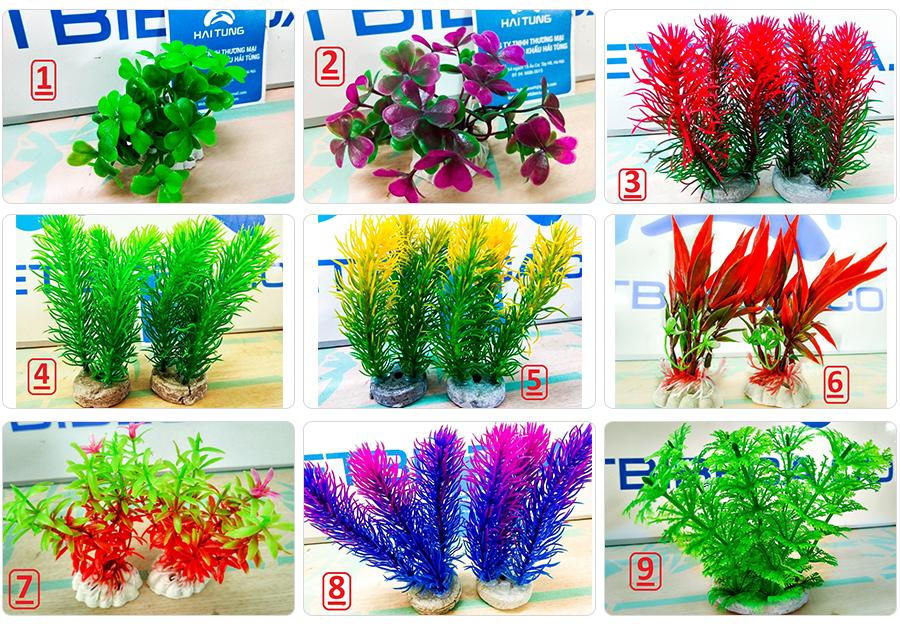 Bộ trang trí 5 cây nhựa thấp phối màu ngẫu nhiên, cây nhựa trang trí bể cá