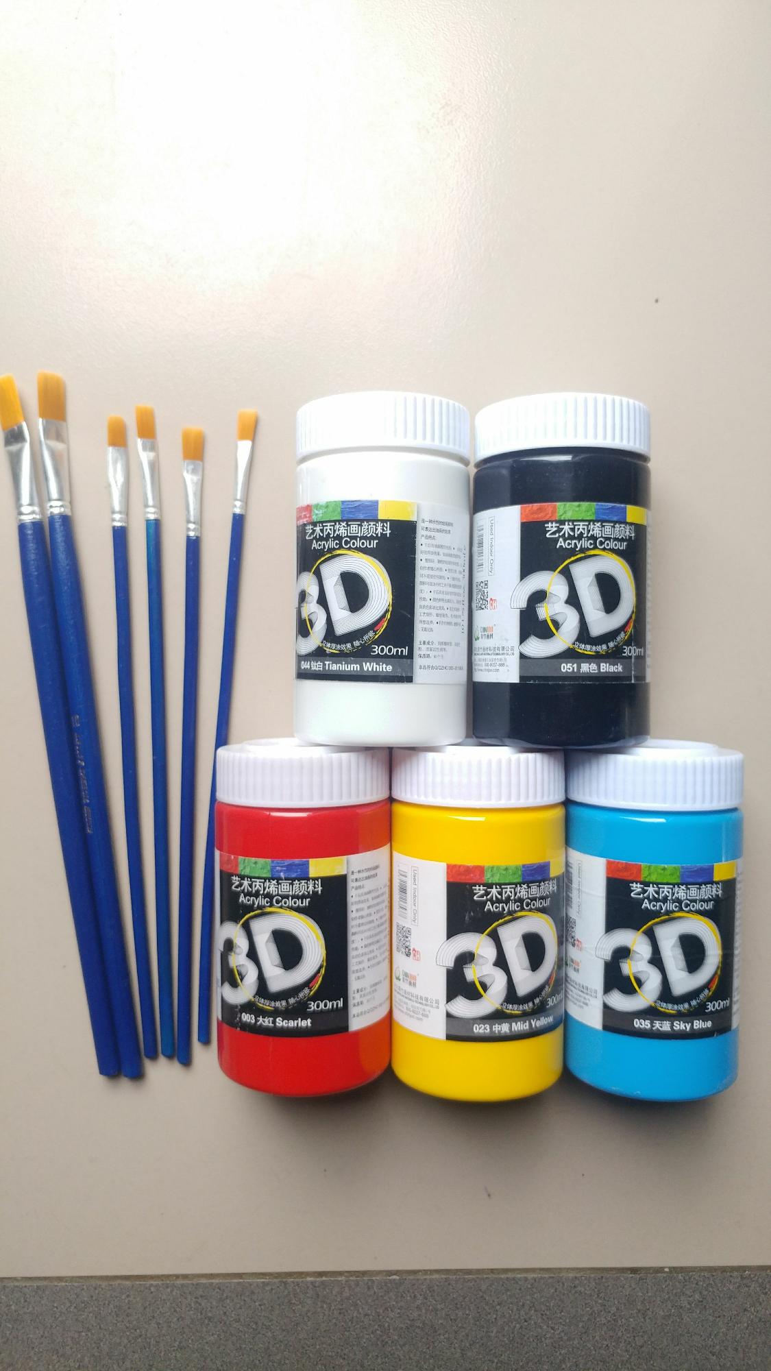 Combo 5 lọ màu 3D cơ bản(đỏ, vàng, lam, trắng, đen) tặng kèm 6 cọ vẽ