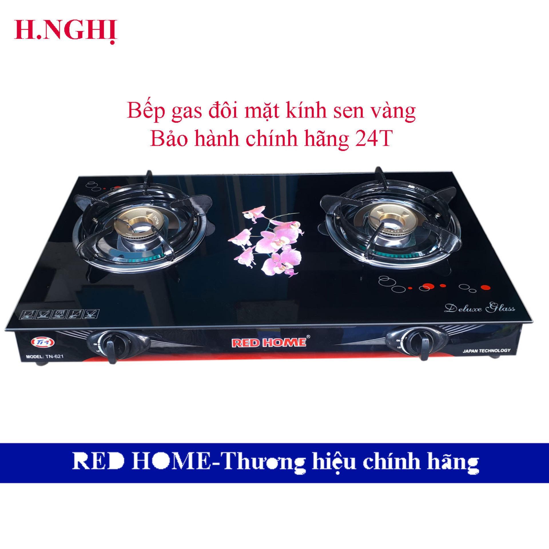 Bếp ga đôi, mâm bếp gas bằng đồng, kính cường lực red home tn-621