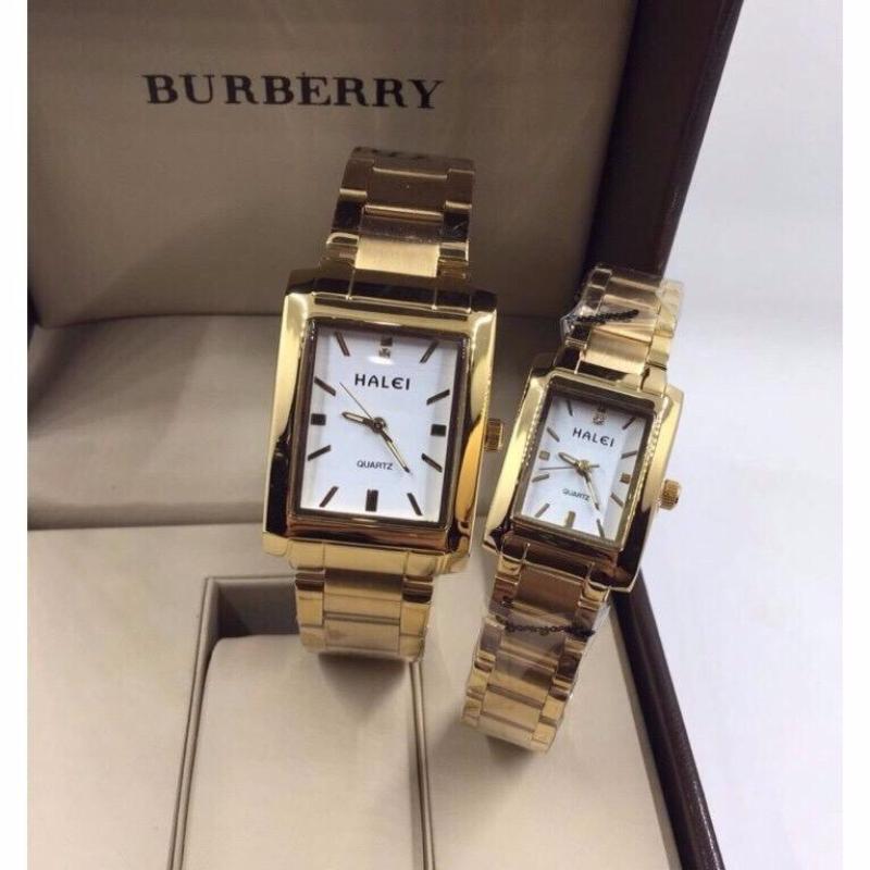 Đồng hồ cặp đôi Halei Sliver Gold mặt chữ nhật sành điệu