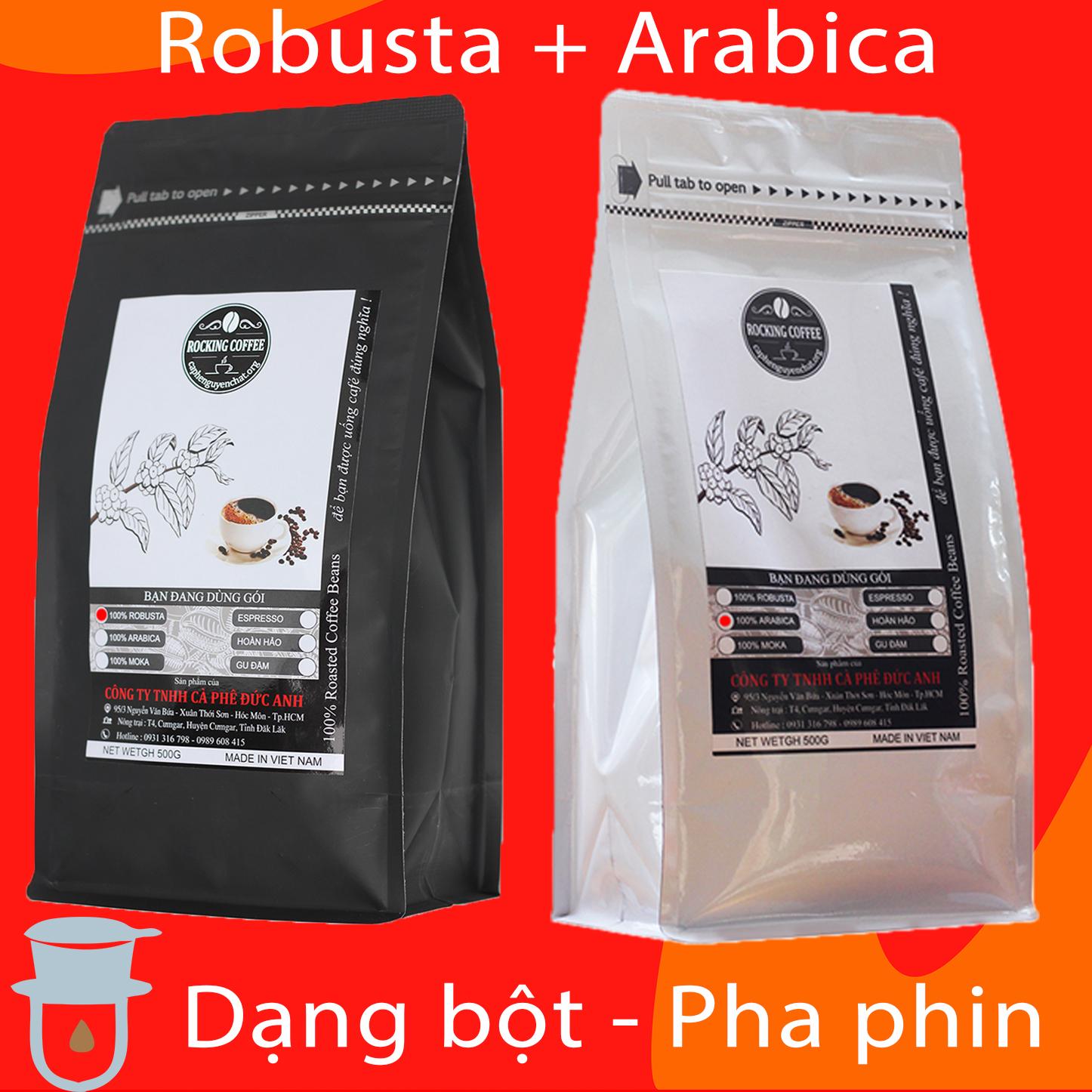 2 gói cà phê rang mộc 1 gói Robusta + 1 gói Arabica ( Xuất xứ Buôn Ma Thuột và Cầu Đất ) Xay sẵn pha phin - mỗi gói 500gr - ROCKING COFFEE