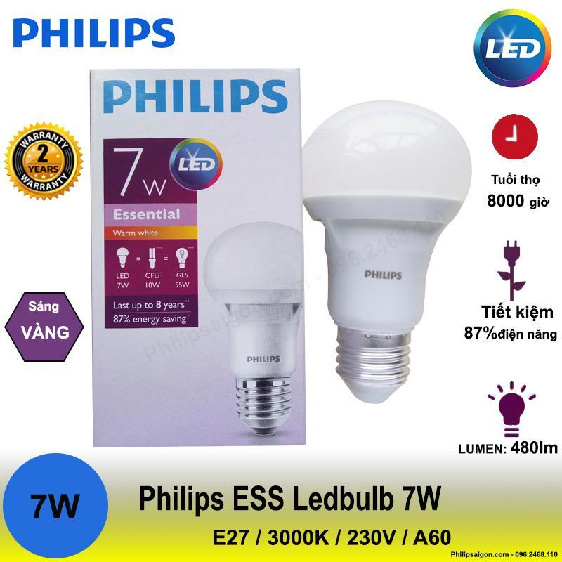 Bóng đèn Philips Ess Ledbulb 7W E27 3000K 230V A60 Ánh sáng( Vàng)