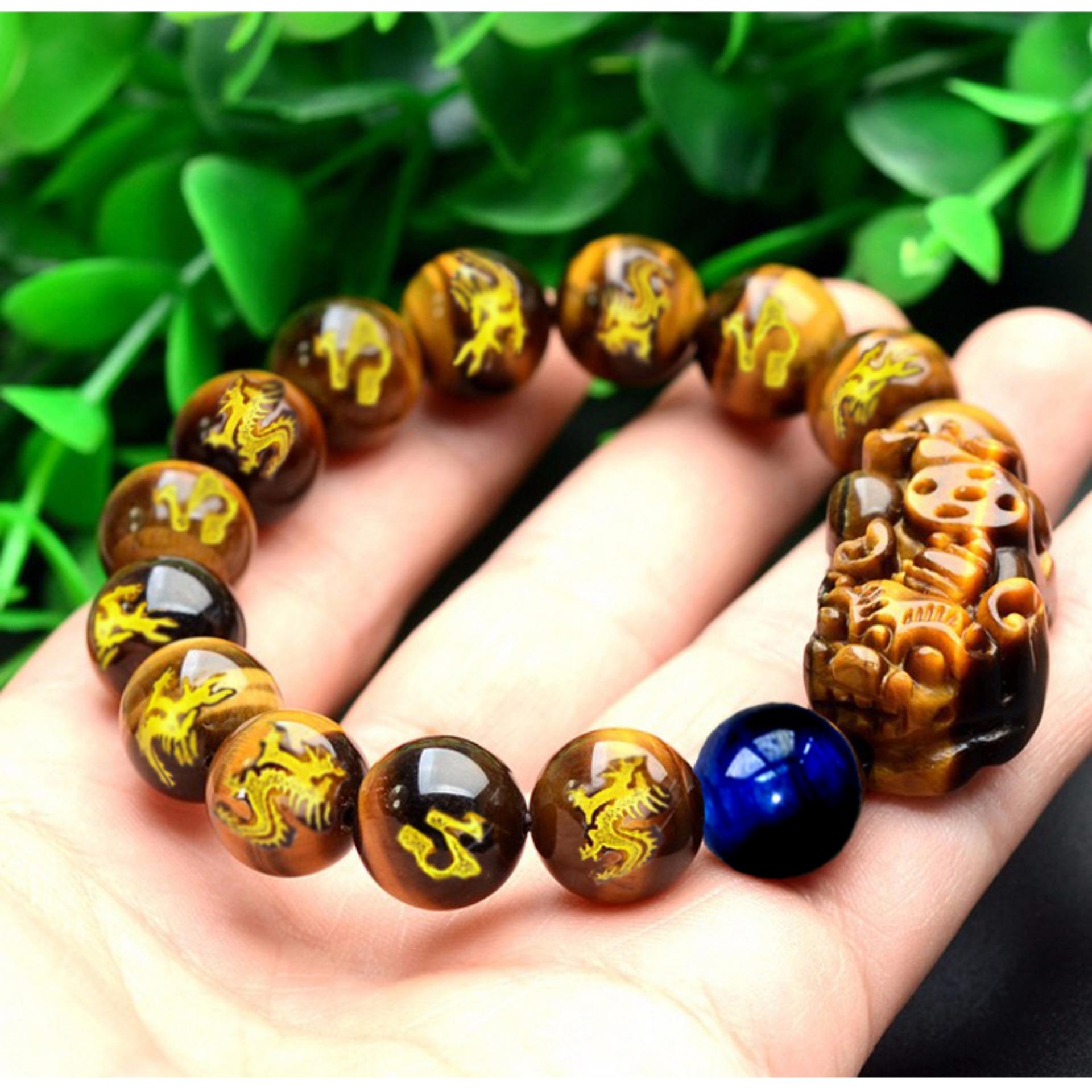 Vòng tay đá mắt hổ khắc rồng gắn tỳ hưu đính đá mắt hổ 12 li- Phong thủy mang lại sự tỉnh táo, sáng suốt, khôn ngoan, hạnh phúc và sức khỏe