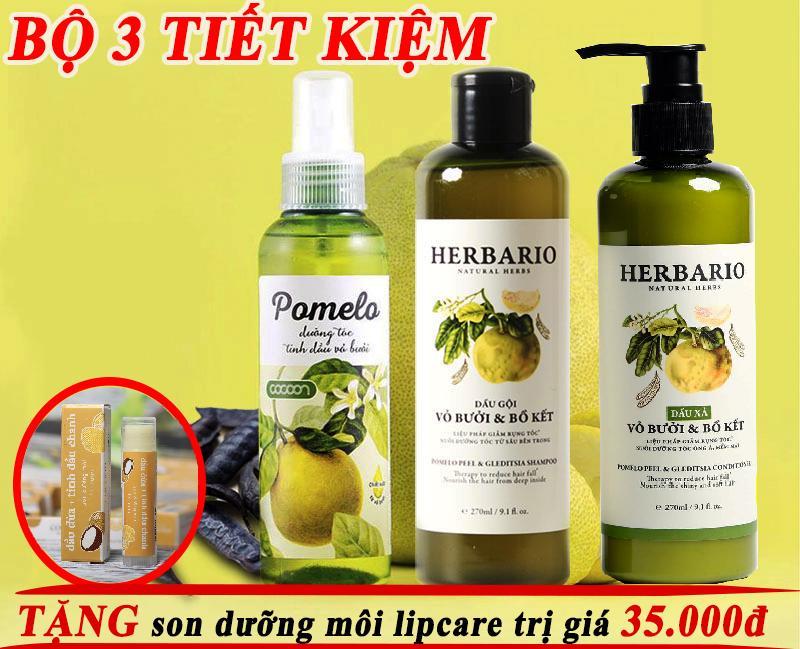 Bộ 3 TINH DẦU pomelo, DẦU GỘI và DẦU XẢ vỏ bưởi và bồ kết Herbario 270ml x 2 giúp chăm sóc tóc