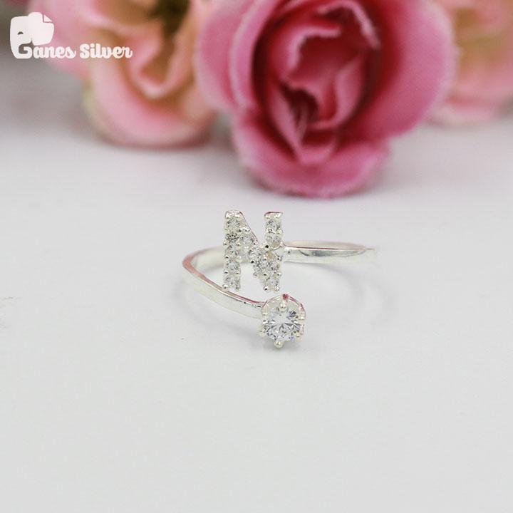 Nhẫn bạc nữ đính đá chữ n chất liệu bạc ta cao cấp - thương hiệu ganes silver