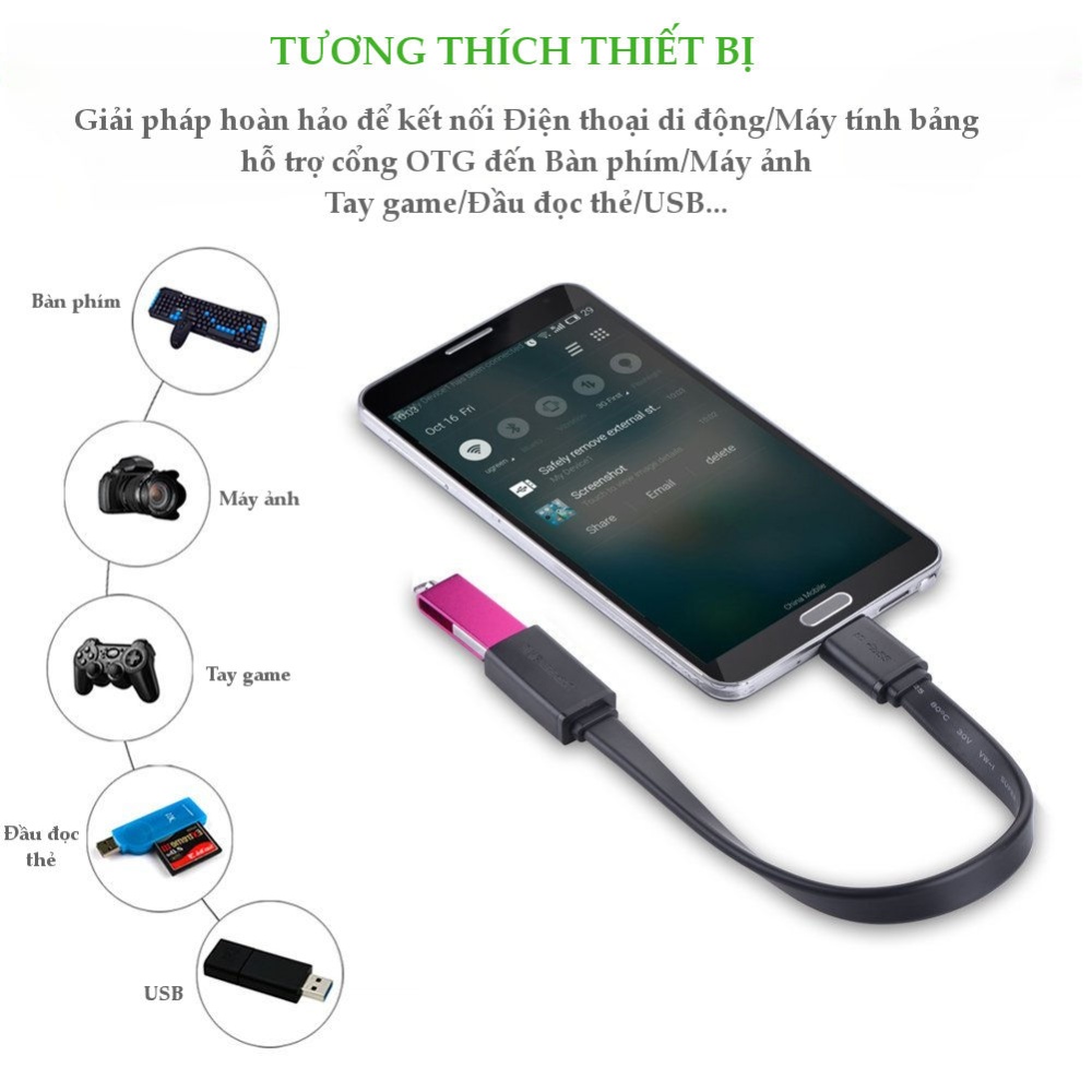 Dây Micro USB 3.0 B OTG sang USB 3.0 dạng dẹt cho Samsung Note 3/S5/I9600/G900... dài 20CM UGREEN US127 Dây Micro USB 3.0 B OTG sang USB 3.0 dạng dẹt cho Samsung Note 3/S5/I9600/G900... dài 20CM UGREEN US127