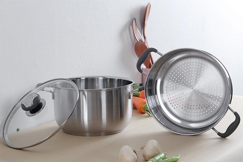 Bộ xửng hấp 3 đáy inox 430 Fivestar Standard bếp từ nắp kính quai silicon (24cm)