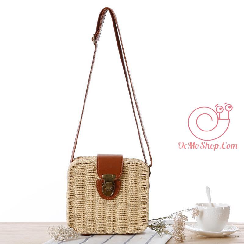 Túi cói đi biển hộp vuông phối dây đeo da vintage sang chảnh