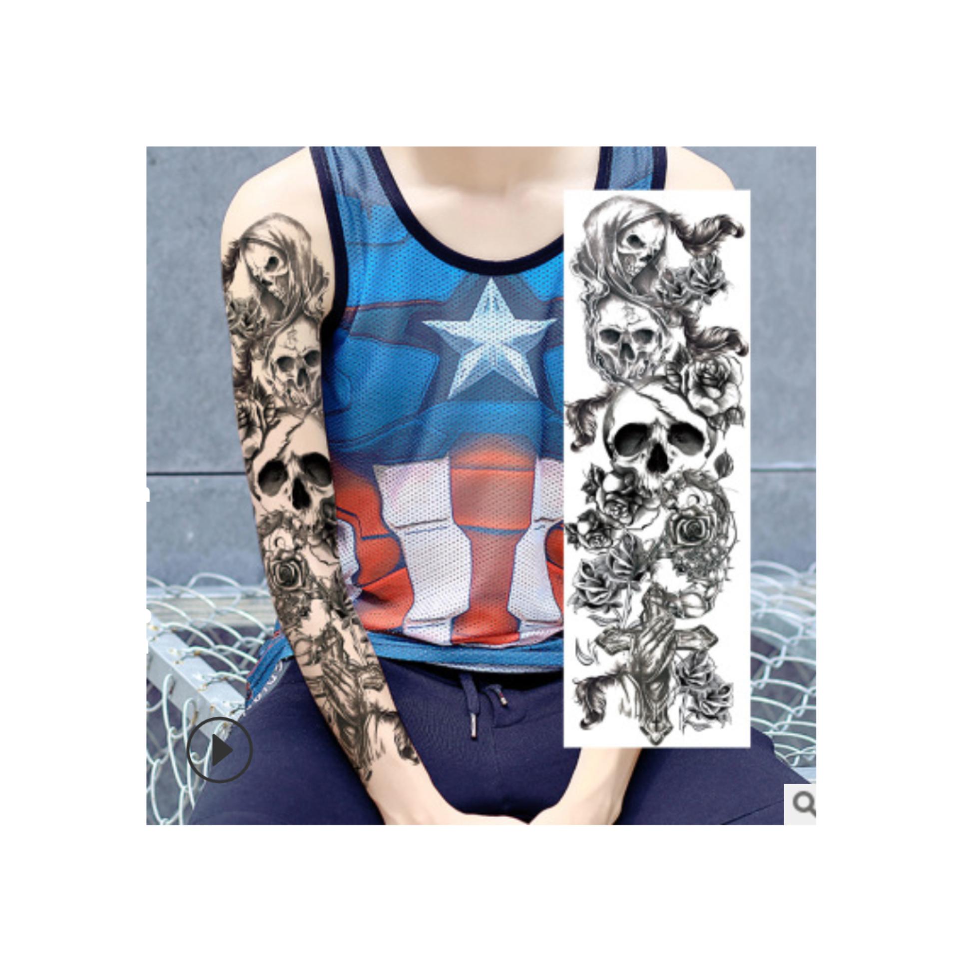 Hình xăm dán tattoo kín tay màu đầu lâu đồng hồ hoa hồng 17x48cm