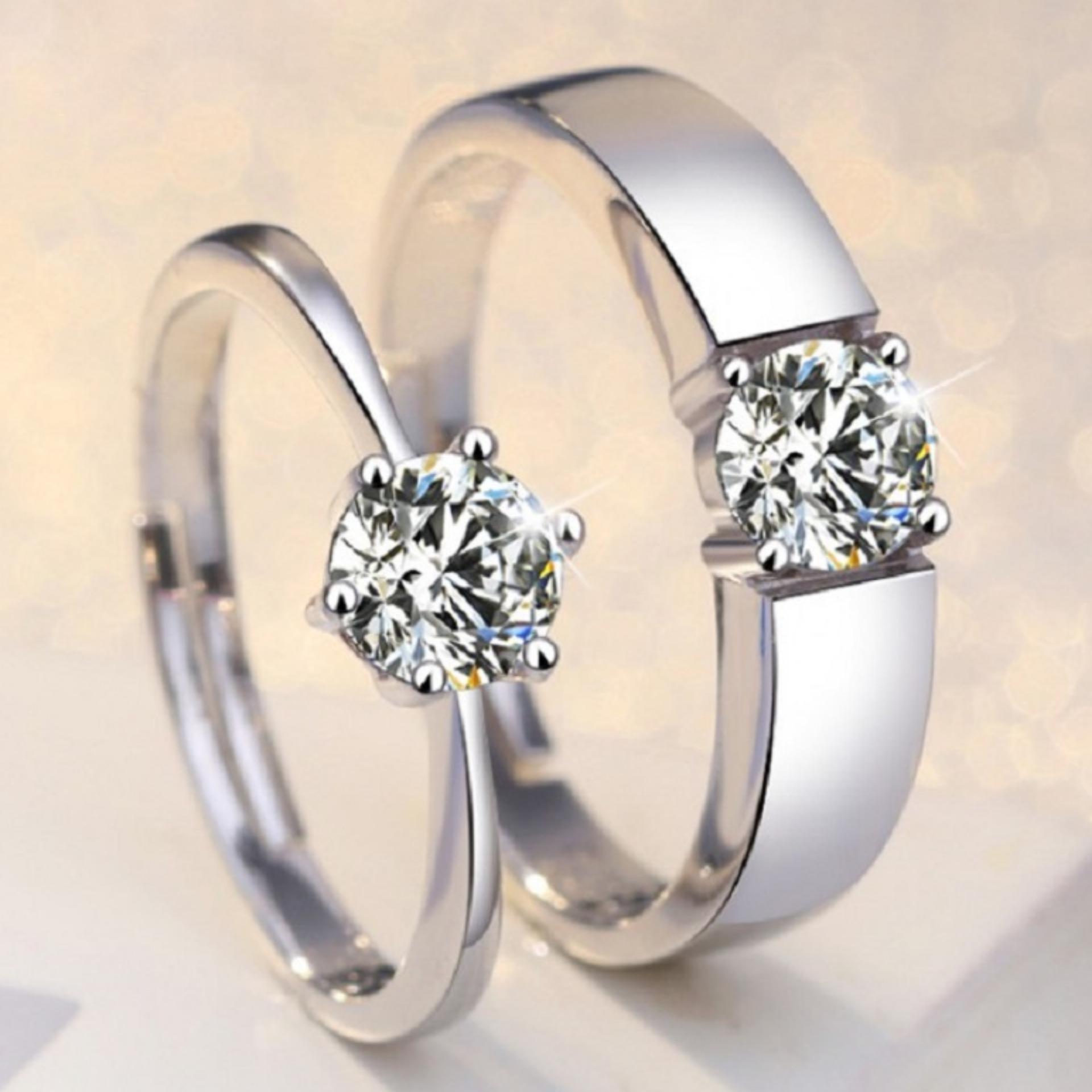 Nhẫn đôi tình yêu vĩnh hằng kim cương 6 chấu lấp lánh freesize SPR-JZ154(Bạch Kim)