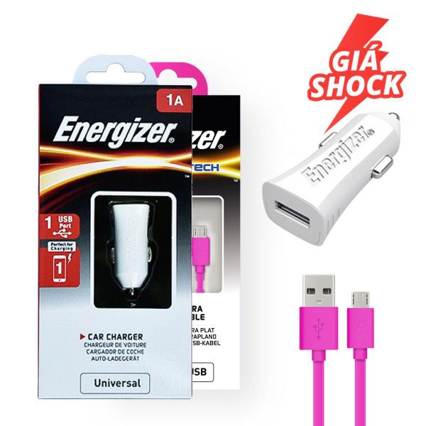 SẠC Ô TÔ ENERGIZER 1A, 1 USB - DCA1ACWH3 (TRẮNG) kèm Cáp Energizer HT Flat USB Micro 1.2m màu hồng - C21UBMCGPK4