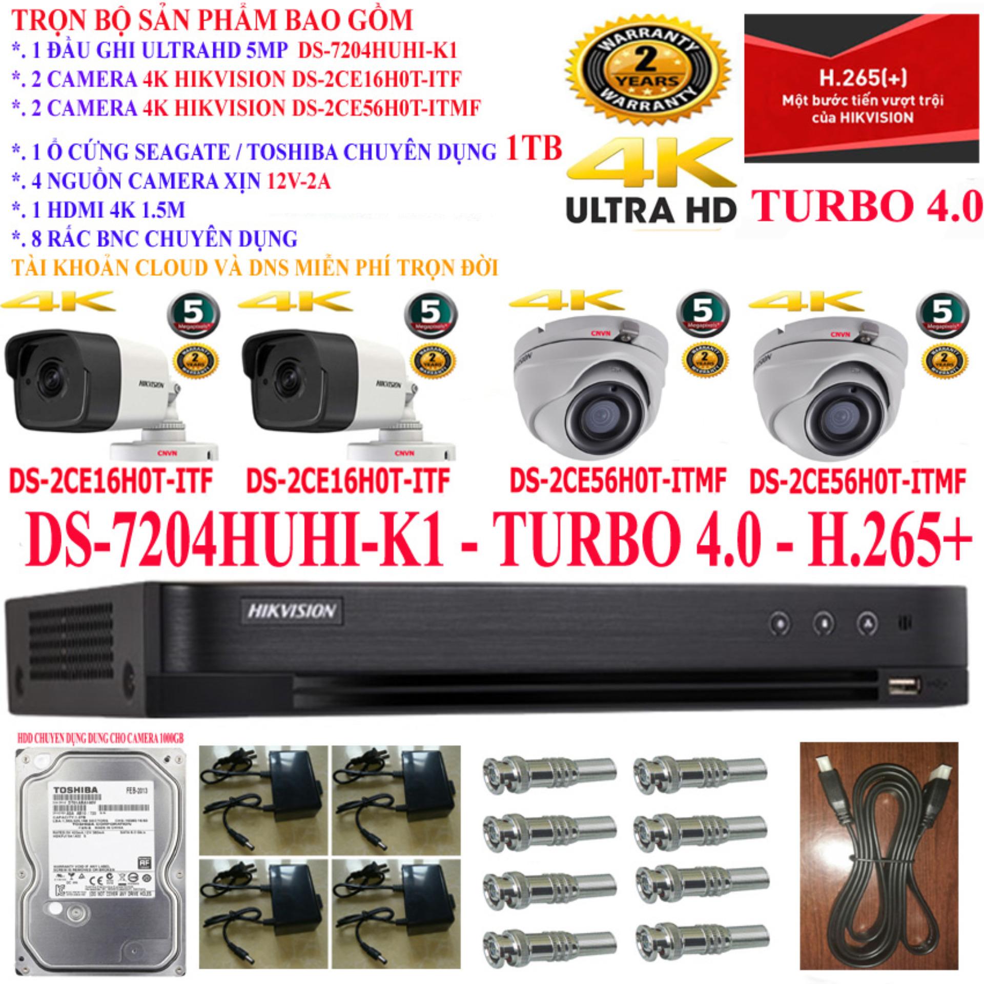 Trọn bộ 1 đầu ghi hình camera 4 kênh 4k cao cấp hikvision ds-7204huhi-k1 + 2 camera 4k ds-2ce16h0t-itf + 2 camera 4k ds-2ce56h0t-itmf + 1 ổ cứng chuyện dụng seagate skyhawk / toshiba chuyên dụng 1000gb + 4 nguồn nhện xịn 12v + 1 hdmi + 8 rắc bnc