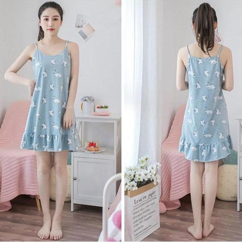 Nơi bán đầm mặc nhà 2 dây họa tiết thỏ trắng dễ thương vn16