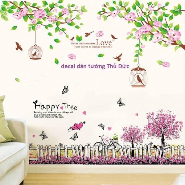 Combo decan dán tường cây tím và hai giỏ chim tím - cb035