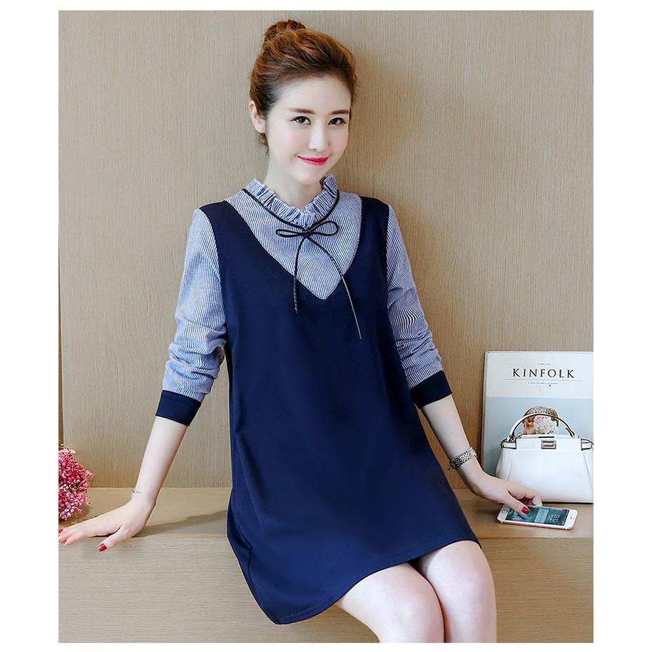 Váy bầu xanh than tay kẻ cổ tàu myc_1093