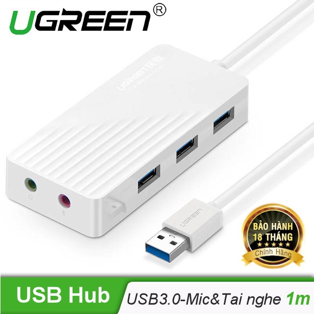 Hub USB 3 cổng 3.0 kèm 2 đầu mic và tai nghe cho âm thanh ngoài UGREEN CR134 Hub USB 3 cổng 3.0 kèm 2 đầu mic và tai nghe cho âm thanh ngoài UGREEN CR134