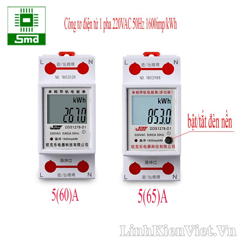 Công tơ điện tử 1 pha 220VAC 50Hz 1600imp/kWh 5(60)A không có đèn nền