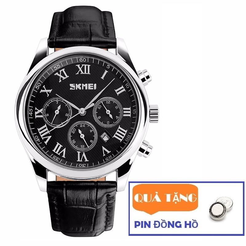 Đồng hồ nam dây da Skmei 9078 6 kim lịch lãm (Tặng pin đồng hồ) bán chạy