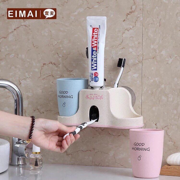 Kệ để bàn chải đánh răng tự nhả kem + 2 cốc lúa mạch