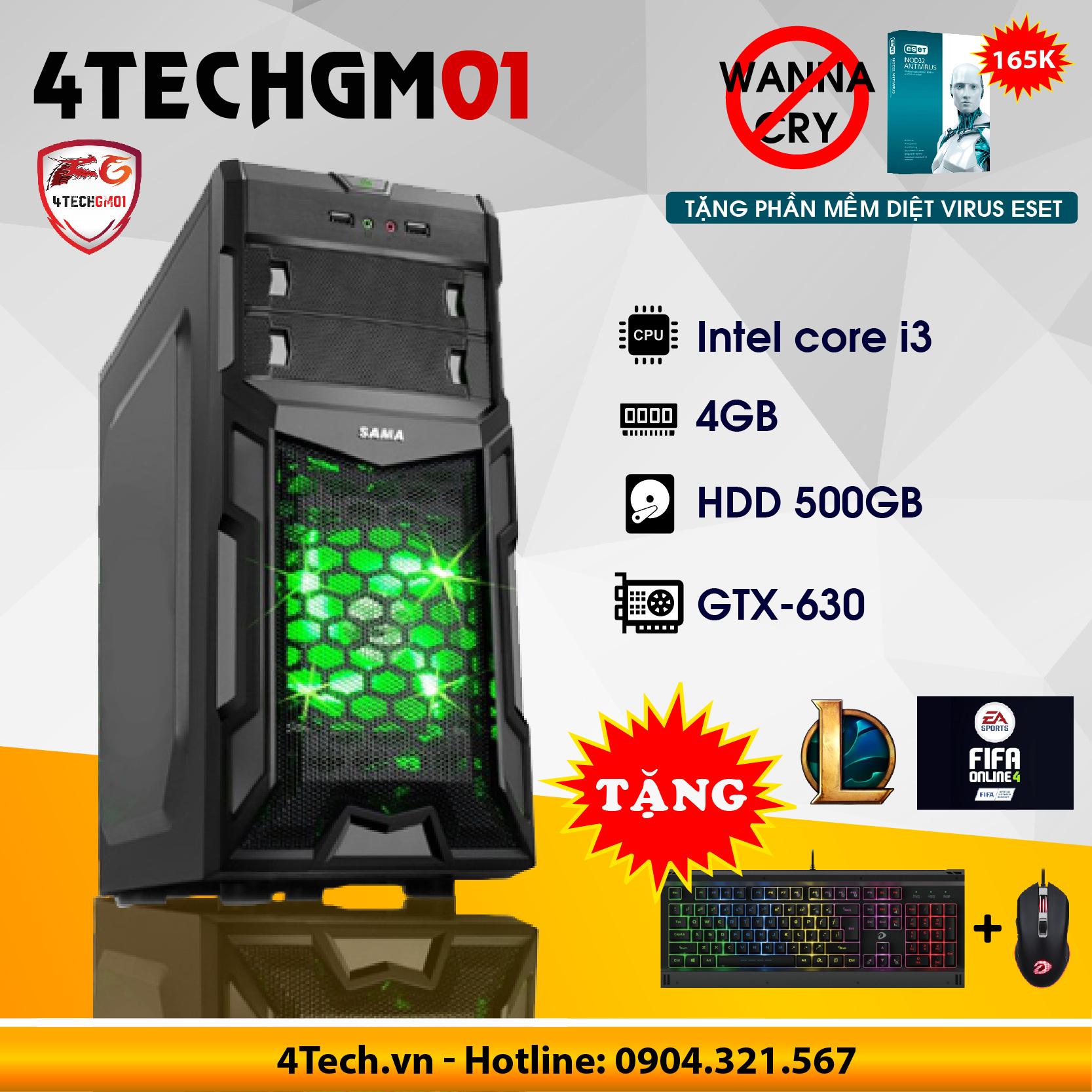 Máy tính để bàn chơi game 4techgm01 core i3, ram 4gb, hdd 500gb, vga rời gt730 - tặng phím chuột gaming dareu.