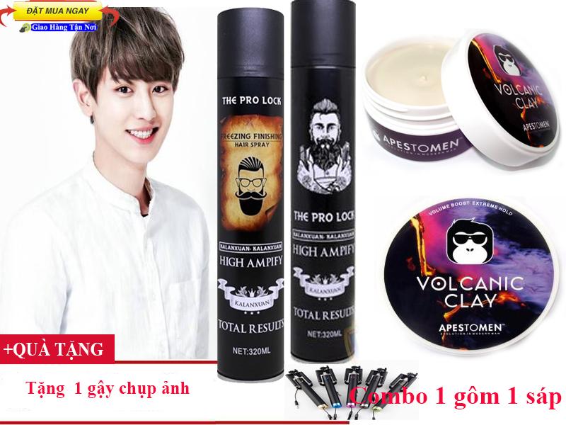 Wax Siêu Cứng, Combo Gôm Xịt The Pro Lock Và Sáp Vuốt Tóc Volcanic, Phong Cách Tóc Nam, Đẳng Cấp Thời Trang (Tặng Kèm Quà) Mã Số 472